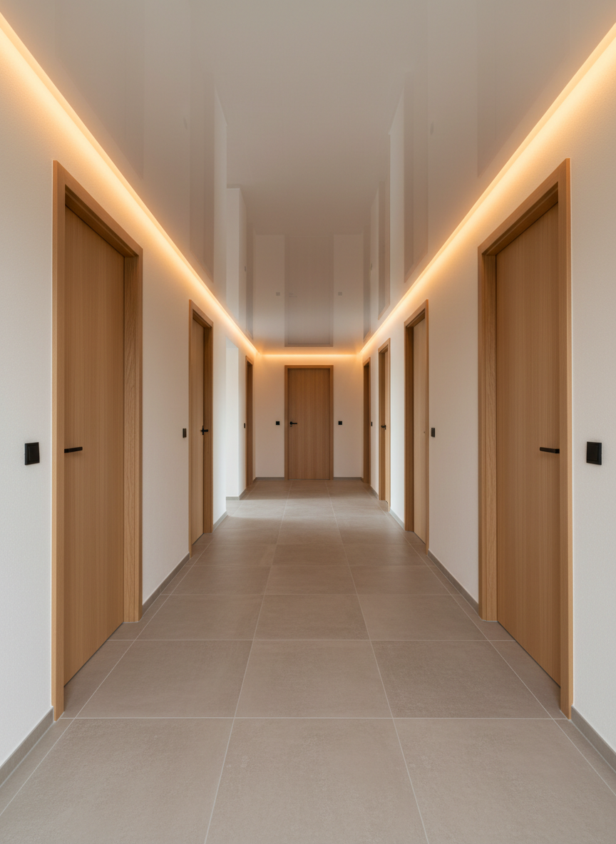 A bright, newly renovated hallway showcasing a high-gloss white stretch ceiling that reflects the surrounding space like a subtle mirror. Along the edges, a concealed LED strip creates an elegant floating-ceiling effect with a soft halo of warm light washing down the walls. The corridor features light oak doors and a neutral floor, keeping attention on the perfectly tensioned ceiling surface. Photographic realism, eye-level composition with a slight vanishing point perspective to emphasize length and linear precision. The atmosphere is clean, sophisticated, and orderly, conveying expert craftsmanship and premium materials for custom spanndecken installations in the region.