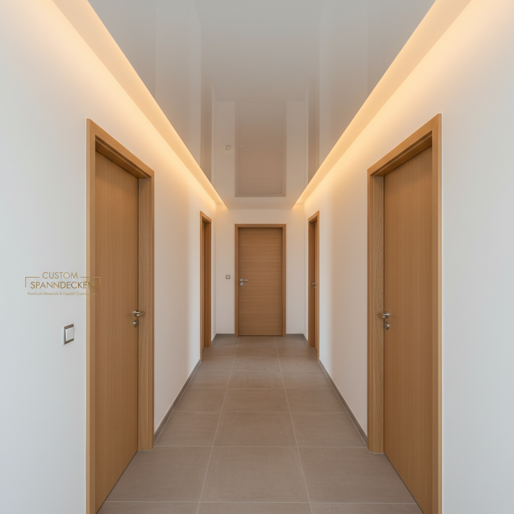 A bright, newly renovated hallway showcasing a high-gloss white stretch ceiling that reflects the surrounding space like a subtle mirror. Along the edges, a concealed LED strip creates an elegant floating-ceiling effect with a soft halo of warm light washing down the walls. The corridor features light oak doors and a neutral floor, keeping attention on the perfectly tensioned ceiling surface. Photographic realism, eye-level composition with a slight vanishing point perspective to emphasize length and linear precision. The atmosphere is clean, sophisticated, and orderly, conveying expert craftsmanship and premium materials for custom spanndecken installations in the region.