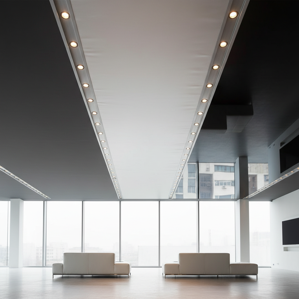 A side-by-side comparison interior where three ceiling zones display different stretch ceiling finishes: a deep matte charcoal area, a silky pearl-white satin field, and a mirror-like black high-gloss section. Each zone is cleanly separated by slim aluminum profiles integrated with small, dimmable LED spotlights. The setting is a neutral, modern showroom space with minimal furnishings so the textures, light reflections, and color differences are clearly visible. Photographic realism, shot from a slightly elevated angle with sharp focus, capturing the way light plays differently on each surface. The mood is informative and professional, ideal to present product variety and help customers choose their preferred spanndecke style.