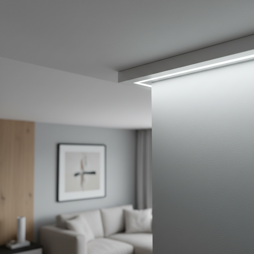 A detailed close-up of a stretch ceiling corner installation, showing the precise connection between the white matte membrane, the discreet wall profile, and a narrow recessed LED strip. The image reveals the fine texture of the ceiling surface, the clean shadow gap along the wall, and the even glow of the integrated lighting without visible diodes. Background elements of a minimalist living space are softly blurred, ensuring focus on craftsmanship and material quality. Photographic realism, macro-style composition with shallow depth of field. Cool, neutral lighting emphasizes technical accuracy and reinforces a professional, high-quality brand image for bespoke spanndecken installations.