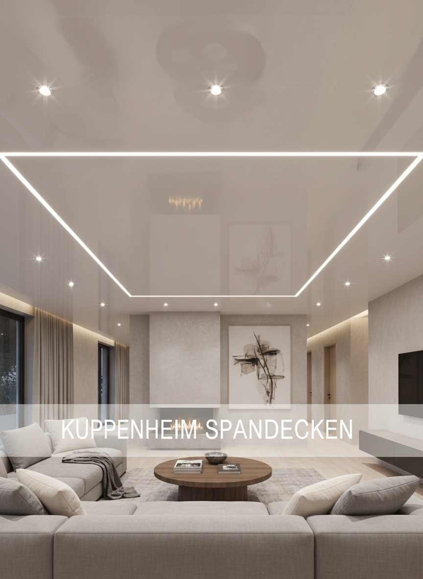 A modern living room in Kuppenheim featuring an immaculate white satin stretch ceiling that appears perfectly smooth and seamless, subtly reflecting the room’s neutral-toned furniture. The ceiling integrates slim, continuous LED light lines forming a clean rectangle, casting soft, even illumination without glare. Discreet recessed spotlights punctuate the surface, all fittings perfectly flush. Photographic realism, shot from a slightly upward, wide-angle perspective that captures both ceiling and cozy, high-end interior. The mood is professional yet inviting, emphasizing precision installation and contemporary design. Soft, warm artificial lighting enhances textures in the ceiling membrane and walls, with sharp focus throughout and a clean, minimalist aesthetic ideal for a homepage hero image about bespoke spanndecken.