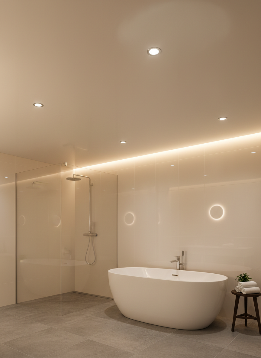 A luxurious bathroom with a moisture-resistant stretch ceiling in a soft, satin white finish, perfectly smooth above a walk-in glass shower and freestanding tub. Discreet, warm-white LED spotlights are symmetrically embedded, their reflections subtly visible on glossy wall tiles. A narrow, indirect LED strip runs along one wall, emphasizing the floating character of the ceiling. Photographic realism, eye-level, wide-angle composition that captures both ceiling and high-end fixtures. The lighting is warm and spa-like, with gentle shadows creating a calm, exclusive mood. This image highlights the suitability of spanndecken for humid rooms while showcasing precise installation and integrated lighting.