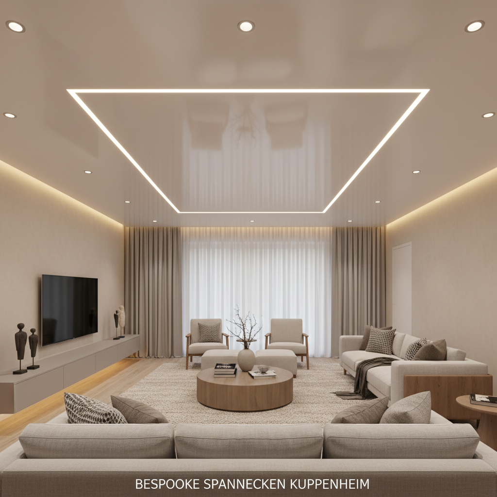 A modern living room in Kuppenheim featuring an immaculate white satin stretch ceiling that appears perfectly smooth and seamless, subtly reflecting the room’s neutral-toned furniture. The ceiling integrates slim, continuous LED light lines forming a clean rectangle, casting soft, even illumination without glare. Discreet recessed spotlights punctuate the surface, all fittings perfectly flush. Photographic realism, shot from a slightly upward, wide-angle perspective that captures both ceiling and cozy, high-end interior. The mood is professional yet inviting, emphasizing precision installation and contemporary design. Soft, warm artificial lighting enhances textures in the ceiling membrane and walls, with sharp focus throughout and a clean, minimalist aesthetic ideal for a homepage hero image about bespoke spanndecken.