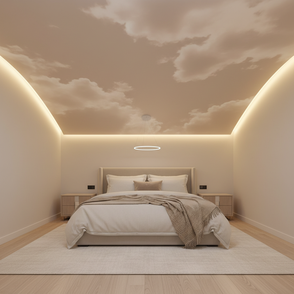 An elegant bedroom in soft beige tones featuring a printed stretch ceiling with a subtle, high-resolution cloud design fading toward the edges, giving the impression of an open sky. The perimeter houses hidden warm-white LED strips that gently wash light upward, while a minimalist central pendant appears to float beneath the membrane. The bed and furnishings are understated so the ceiling artwork remains the focal point. Photographic realism, captured from the foot of the bed with an upward-tilted wide-angle view. The lighting is calm and diffused, creating a serene, exclusive atmosphere that demonstrates the possibilities of custom-printed spanndecken with integrated lighting solutions.