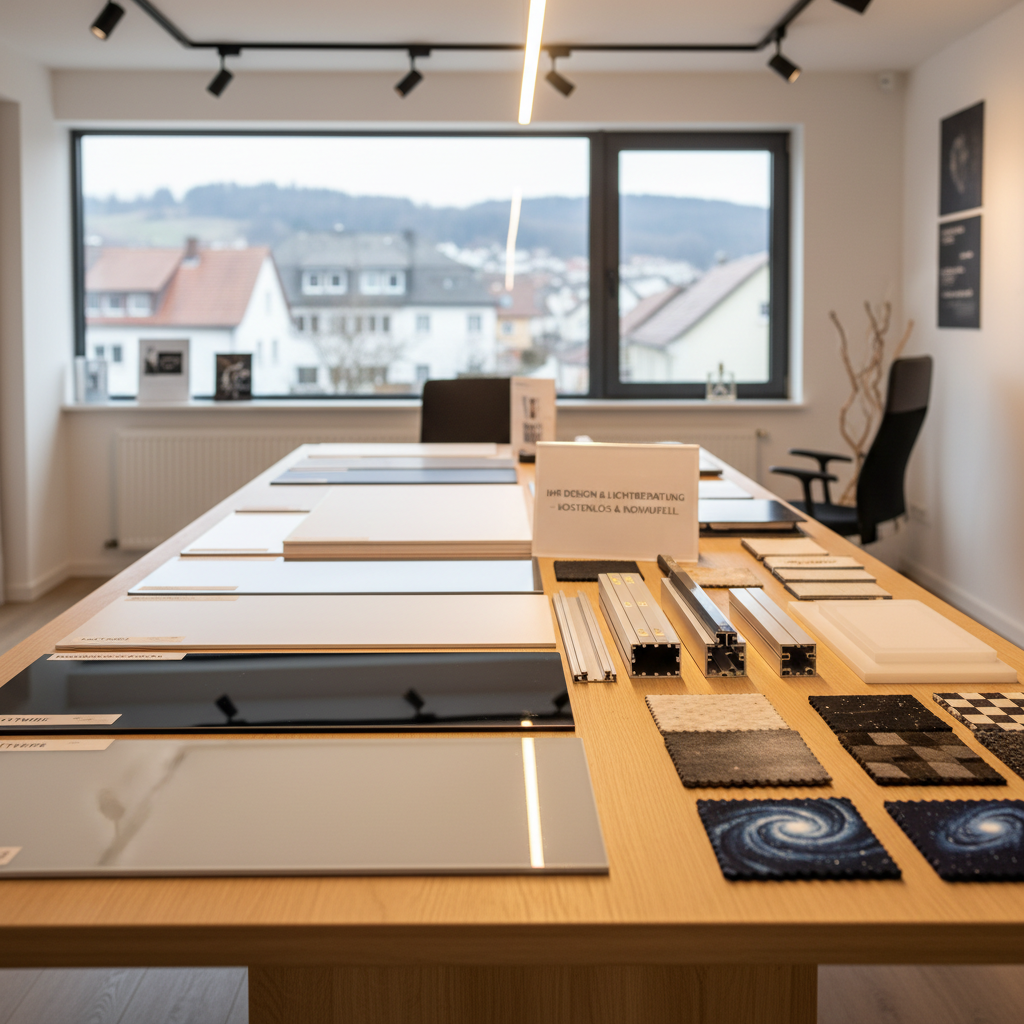 A consultation scene represented without people: an elegant sample table in a studio near Kuppenheim, covered with large, labeled sample boards of different stretch ceiling materials and colors—matt, gloss, satin, and translucent. Beside them lie small LED profiles, diffusion covers, and printed motif swatches. The setting is a bright, organized office with a visible window hinting at a regional townscape outside. Soft daylight mixed with warm overhead lighting creates a welcoming, trustworthy atmosphere. Photographic realism, shot from a slightly elevated angle with sharp focus on the samples, conveying the idea of a comprehensive, free design and lighting consultation for custom spanndecken.