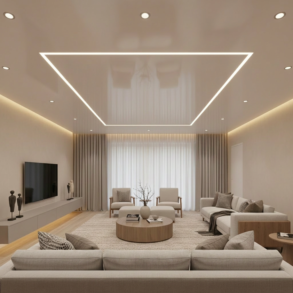 A modern living room in Kuppenheim featuring an immaculate white satin stretch ceiling that appears perfectly smooth and seamless, subtly reflecting the room’s neutral-toned furniture. The ceiling integrates slim, continuous LED light lines forming a clean rectangle, casting soft, even illumination without glare. Discreet recessed spotlights punctuate the surface, all fittings perfectly flush. Photographic realism, shot from a slightly upward, wide-angle perspective that captures both ceiling and cozy, high-end interior. The mood is professional yet inviting, emphasizing precision installation and contemporary design. Soft, warm artificial lighting enhances textures in the ceiling membrane and walls, with sharp focus throughout and a clean, minimalist aesthetic ideal for a homepage hero image about bespoke spanndecken.