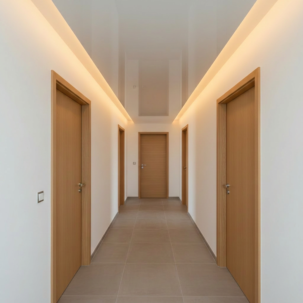 A bright, newly renovated hallway showcasing a high-gloss white stretch ceiling that reflects the surrounding space like a subtle mirror. Along the edges, a concealed LED strip creates an elegant floating-ceiling effect with a soft halo of warm light washing down the walls. The corridor features light oak doors and a neutral floor, keeping attention on the perfectly tensioned ceiling surface. Photographic realism, eye-level composition with a slight vanishing point perspective to emphasize length and linear precision. The atmosphere is clean, sophisticated, and orderly, conveying expert craftsmanship and premium materials for custom spanndecken installations in the region.