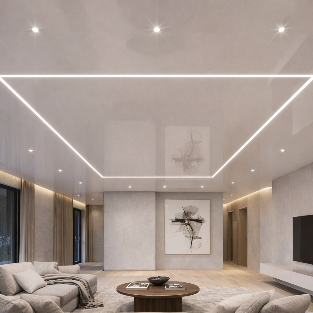 A modern living room in Kuppenheim featuring an immaculate white satin stretch ceiling that appears perfectly smooth and seamless, subtly reflecting the room’s neutral-toned furniture. The ceiling integrates slim, continuous LED light lines forming a clean rectangle, casting soft, even illumination without glare. Discreet recessed spotlights punctuate the surface, all fittings perfectly flush. Photographic realism, shot from a slightly upward, wide-angle perspective that captures both ceiling and cozy, high-end interior. The mood is professional yet inviting, emphasizing precision installation and contemporary design. Soft, warm artificial lighting enhances textures in the ceiling membrane and walls, with sharp focus throughout and a clean, minimalist aesthetic ideal for a homepage hero image about bespoke spanndecken.