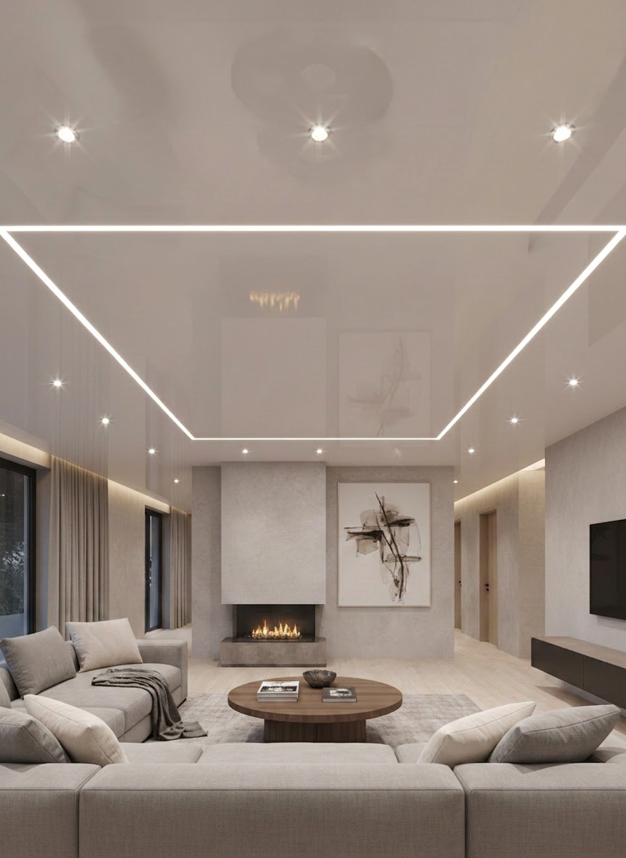 Spanndecken A modern living room in Kuppenheim featuring an immaculate white satin stretch ceiling that appears perfectly smooth and seamless, subtly reflecting the room’s neutral-toned furniture. The ceiling integrates slim, continuous LED light lines forming a clean rectangle, casting soft, even illumination without glare. Discreet recessed spotlights punctuate the surface, all fittings perfectly flush. Photographic realism, shot from a slightly upward, wide-angle perspective that captures both ceiling and cozy, high-end interior. The mood is professional yet inviting, emphasizing precision installation and contemporary design. Soft, warm artificial lighting enhances textures in the ceiling membrane and walls, with sharp focus throughout and a clean, minimalist aesthetic ideal for a homepage hero image about bespoke spanndecken.