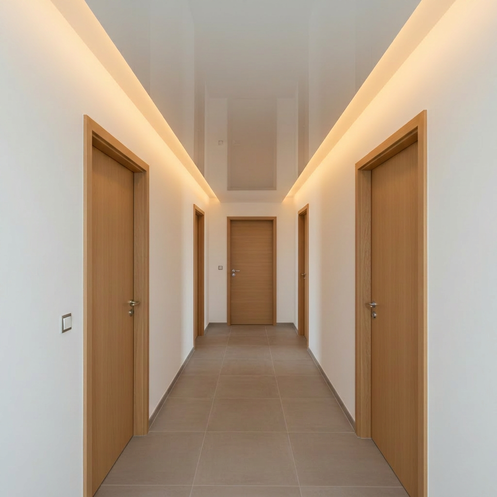 Spanndecken A bright, newly renovated hallway showcasing a high-gloss white stretch ceiling that reflects the surrounding space like a subtle mirror. Along the edges, a concealed LED strip creates an elegant floating-ceiling effect with a soft halo of warm light washing down the walls. The corridor features light oak doors and a neutral floor, keeping attention on the perfectly tensioned ceiling surface. Photographic realism, eye-level composition with a slight vanishing point perspective to emphasize length and linear precision. The atmosphere is clean, sophisticated, and orderly, conveying expert craftsmanship and premium materials for custom spanndecken installations in the region.